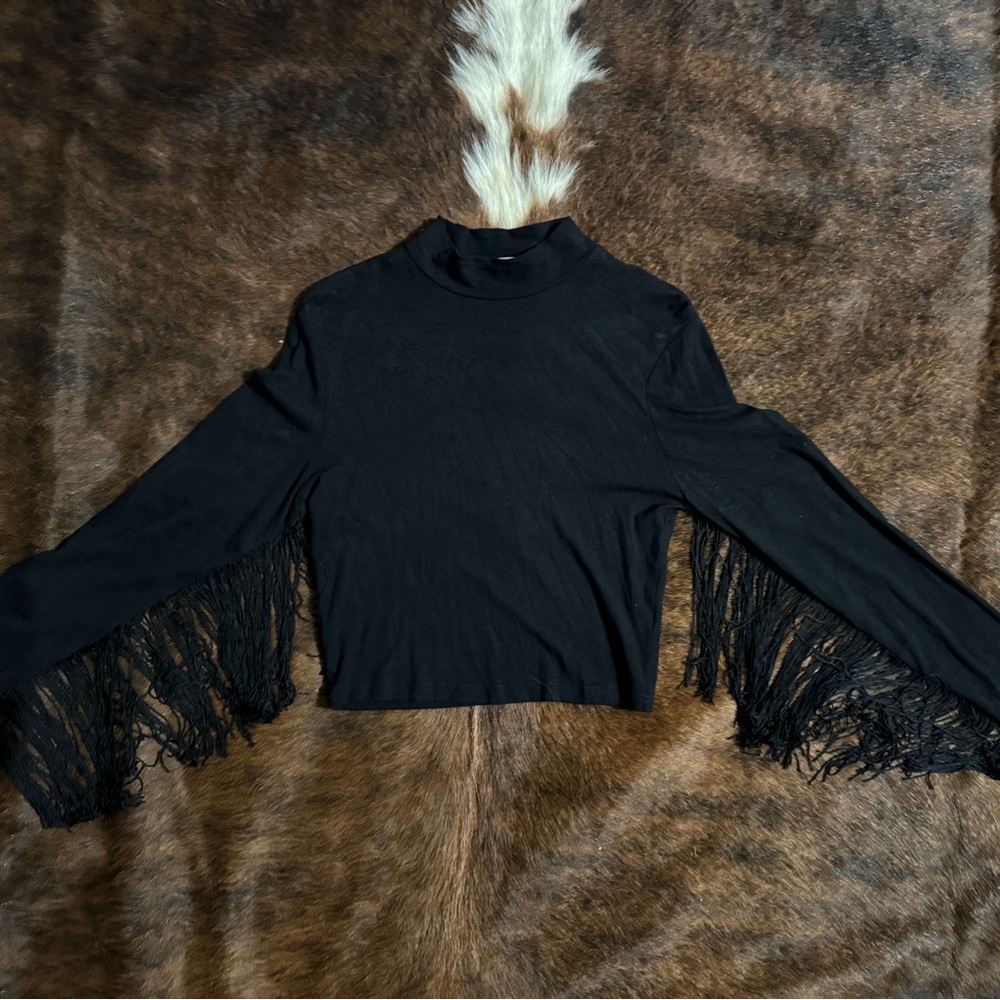 Ellison Black Fringe Sleeve Crop Top